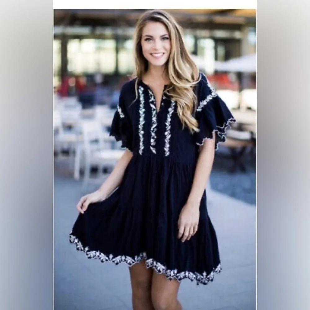 Free People Santiago Dress black white embroidered size XS
